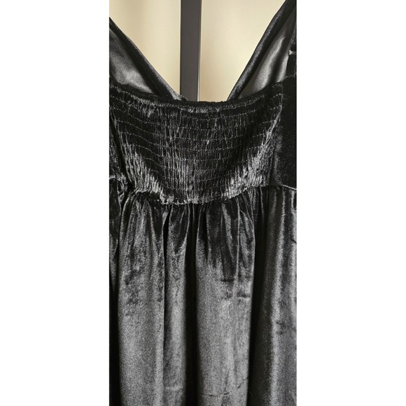 TCEC Women's M Black Mini Dress Spaghetti Straps Bow Pockets Smocking Velour - Picture 13 of 16